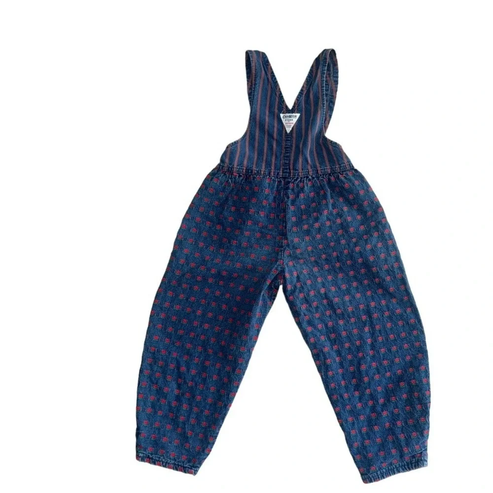 OshKosh B'Gosh Girls 18M Blue Red Vintage Floral‎ Denim Overalls Retro Casual